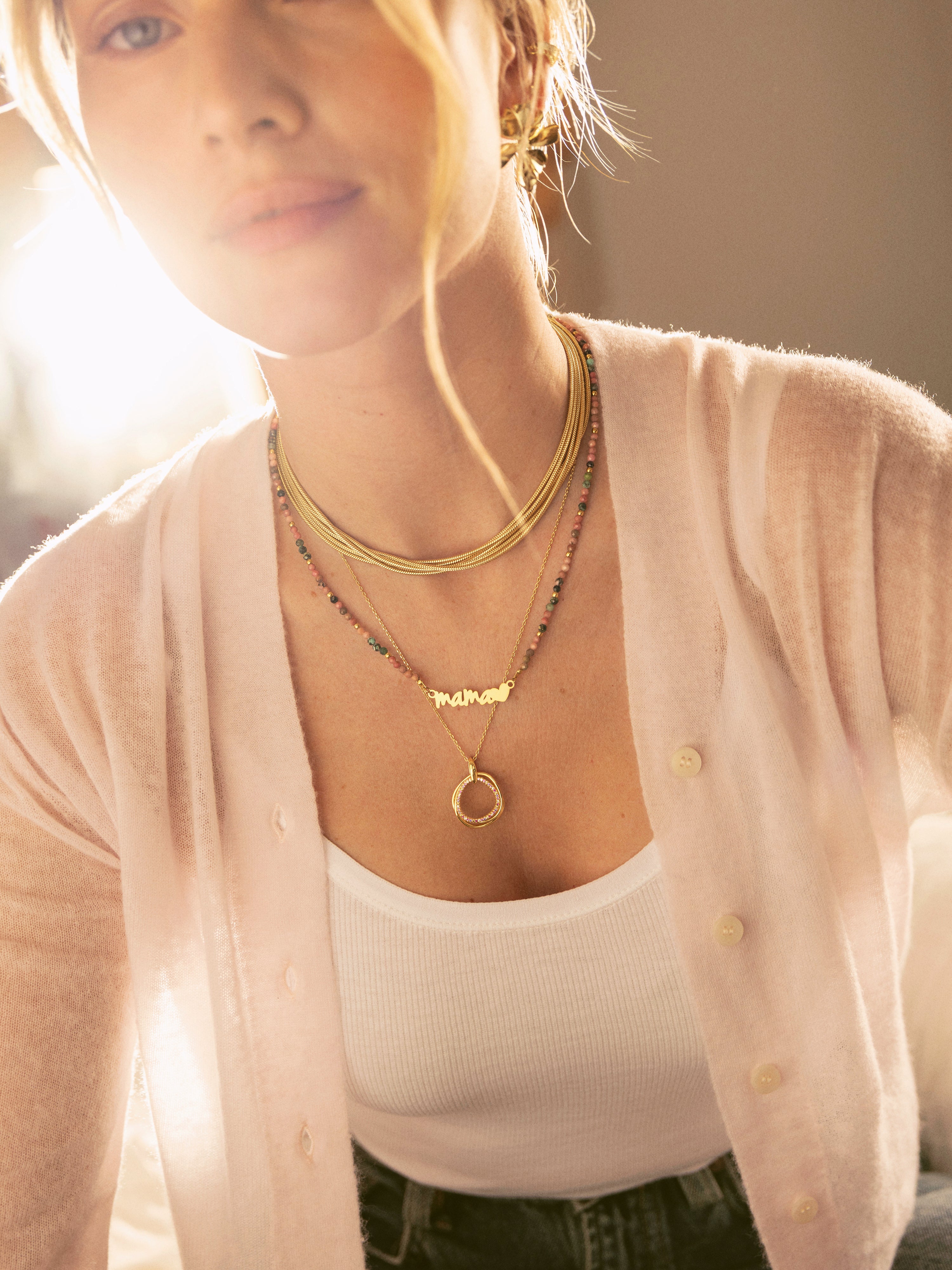 Collar Mamá Heart Tourmaline Acero Baño Oro