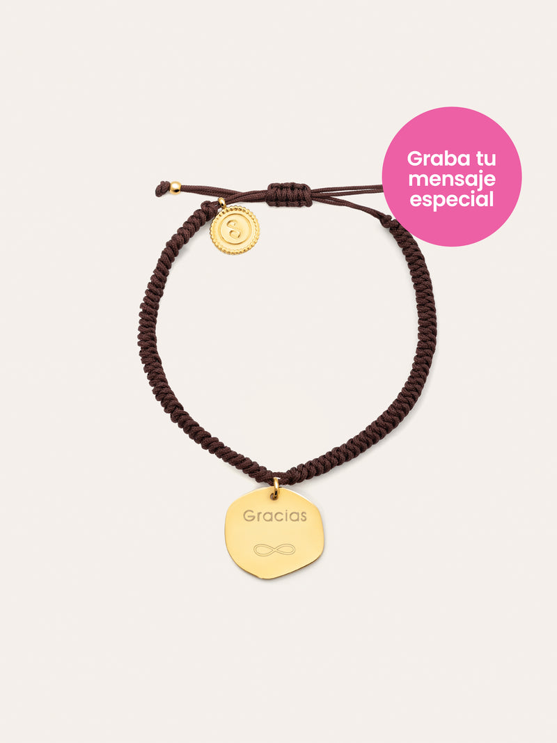 Personalisiertes Medallion Armband Braun, vergoldet