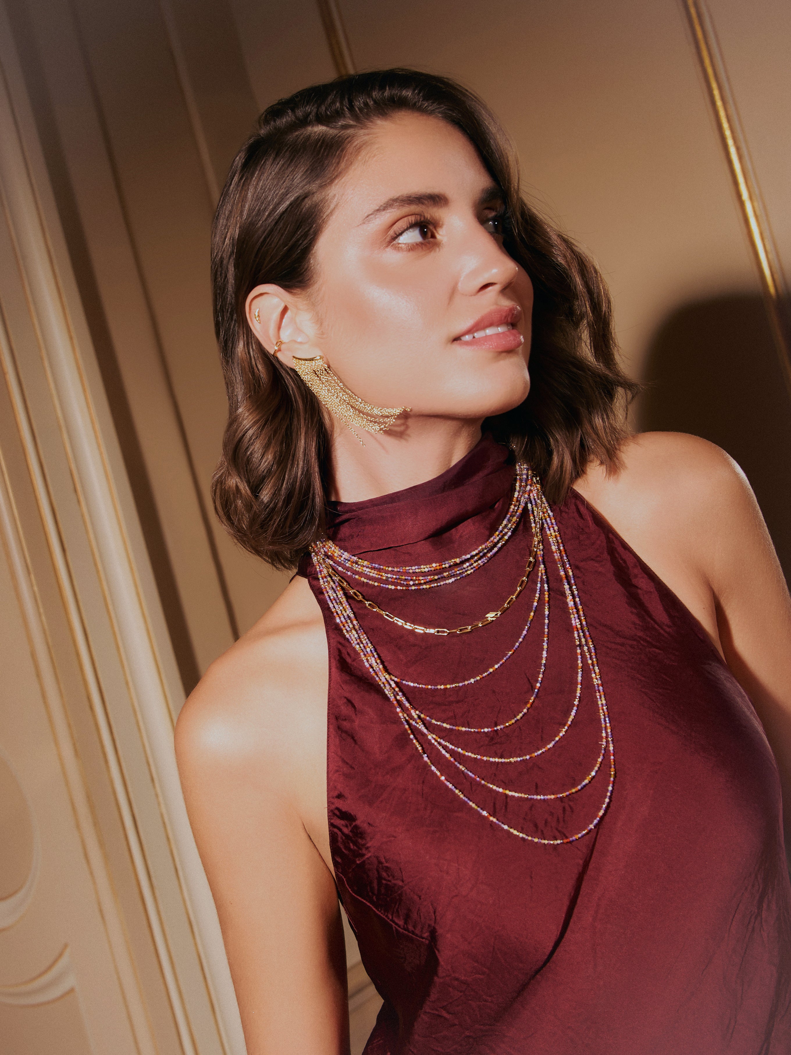 Long Crystals Cleopatra Stainless Steel Gold Necklace