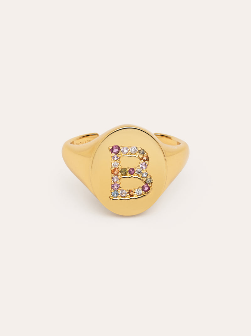 Anillo Personalizado Signet Letter Colors Baño Oro