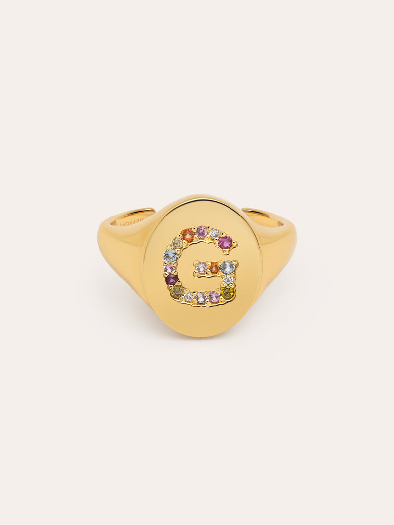 Anillo Personalizado Signet Letter Colors Baño Oro
