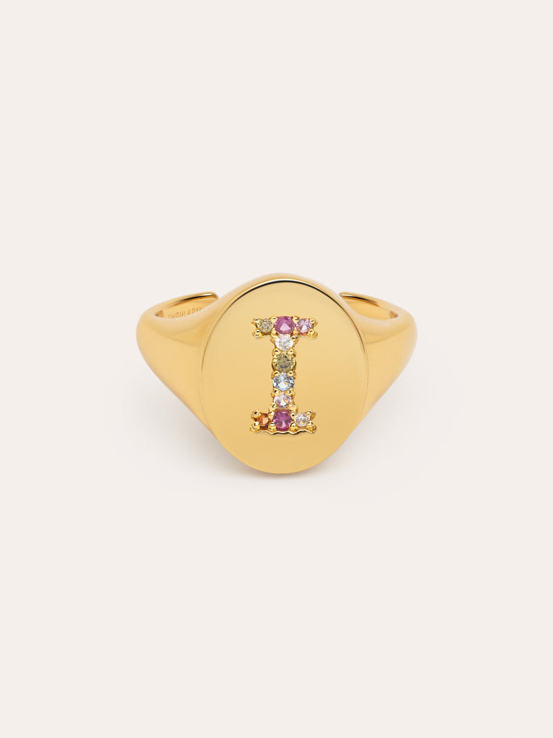 Anillo Personalizado Signet Letter Colors Baño Oro