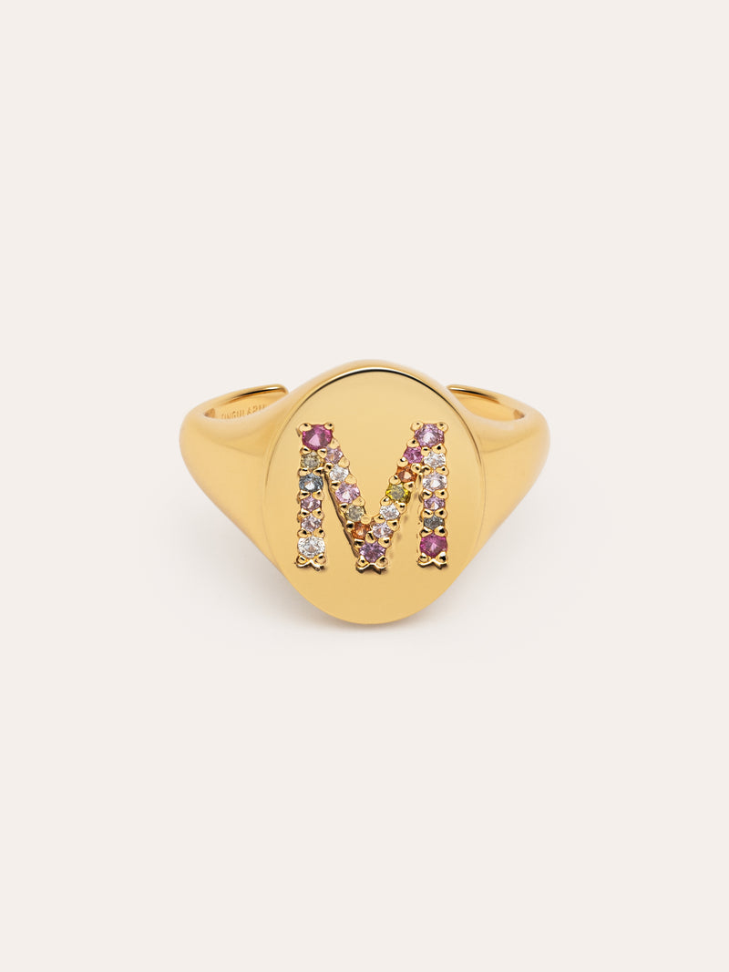 Anillo Personalizado Signet Letter Colors Baño Oro