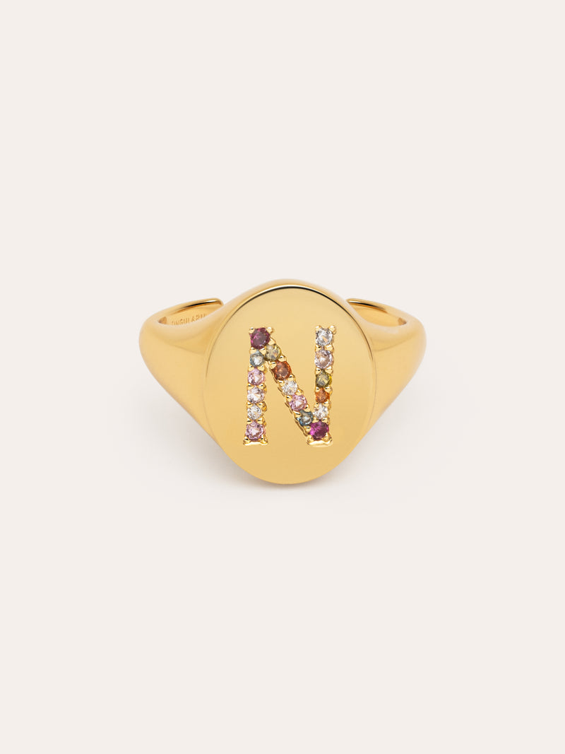 Anillo Personalizado Signet Letter Colors Baño Oro