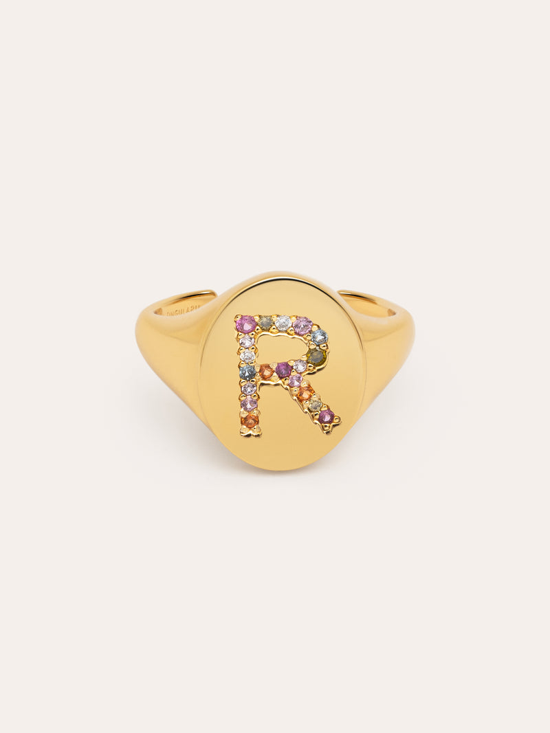 Anillo Personalizado Signet Letter Colors Baño Oro