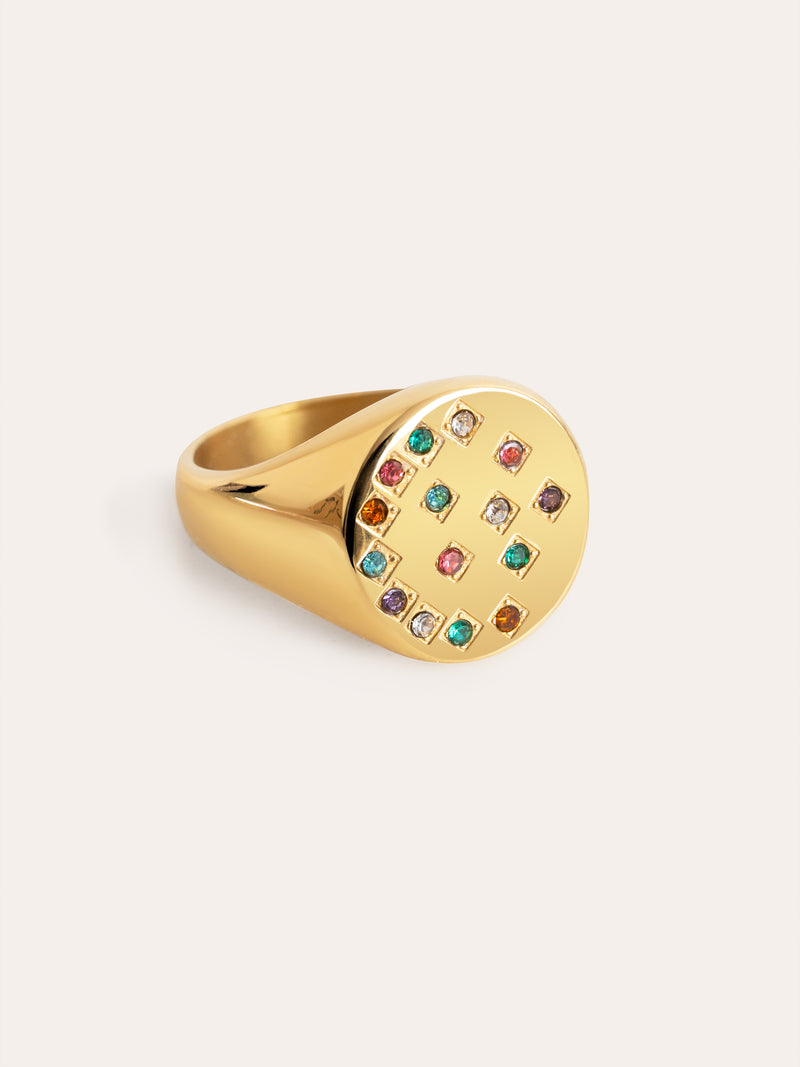 Bague Sceau Bling Rainbow Acier Plaqué Or