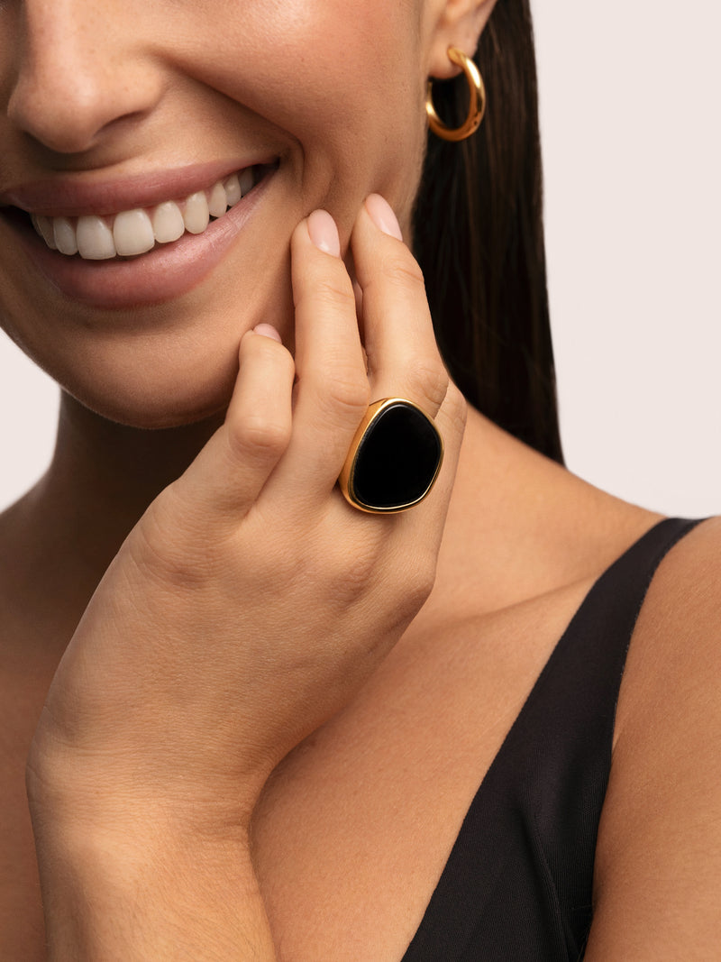 Ibiza Black Ring Edelstahl, vergoldet