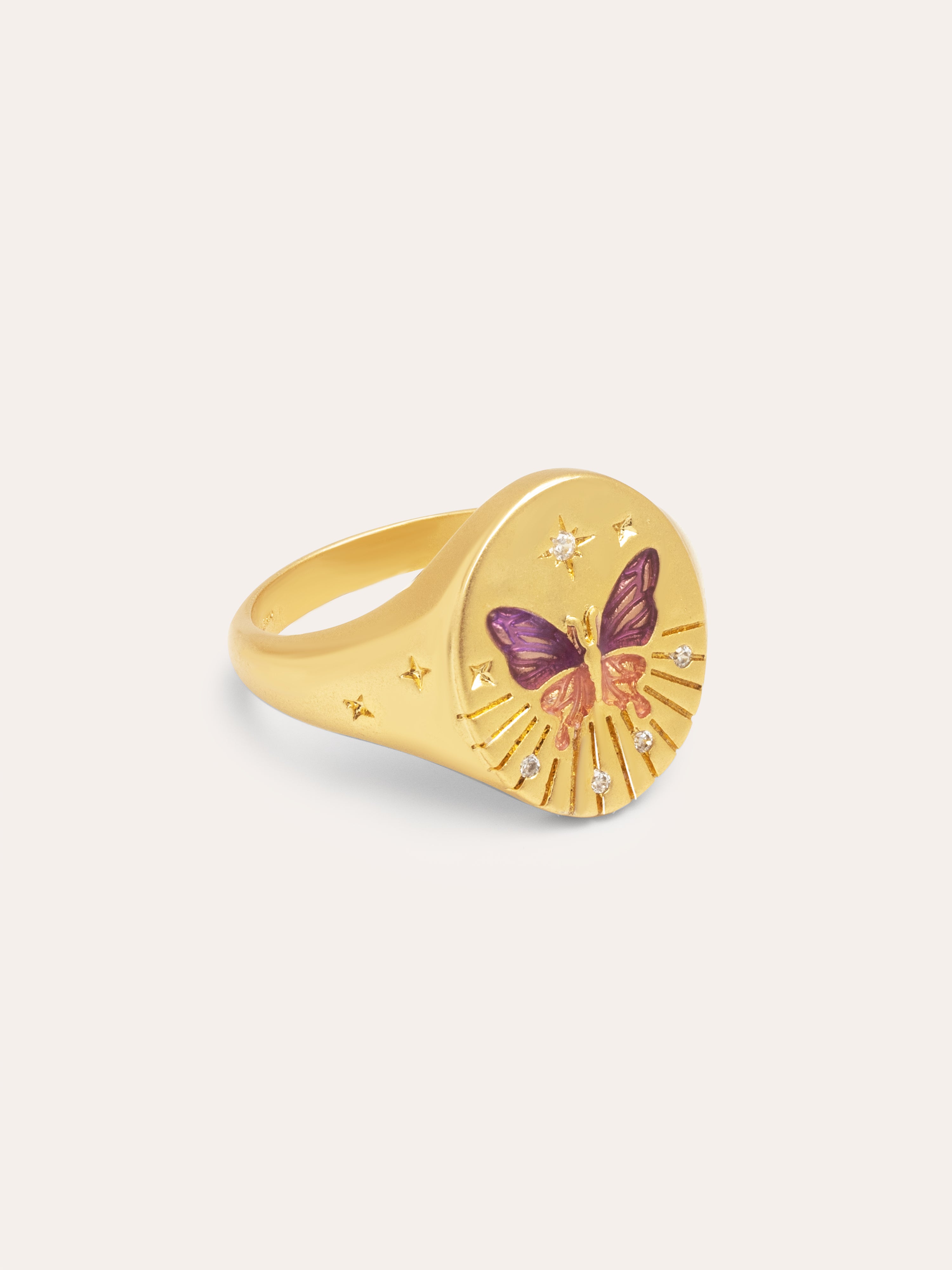 Anillo Sello Butterfly Rose Baño Oro