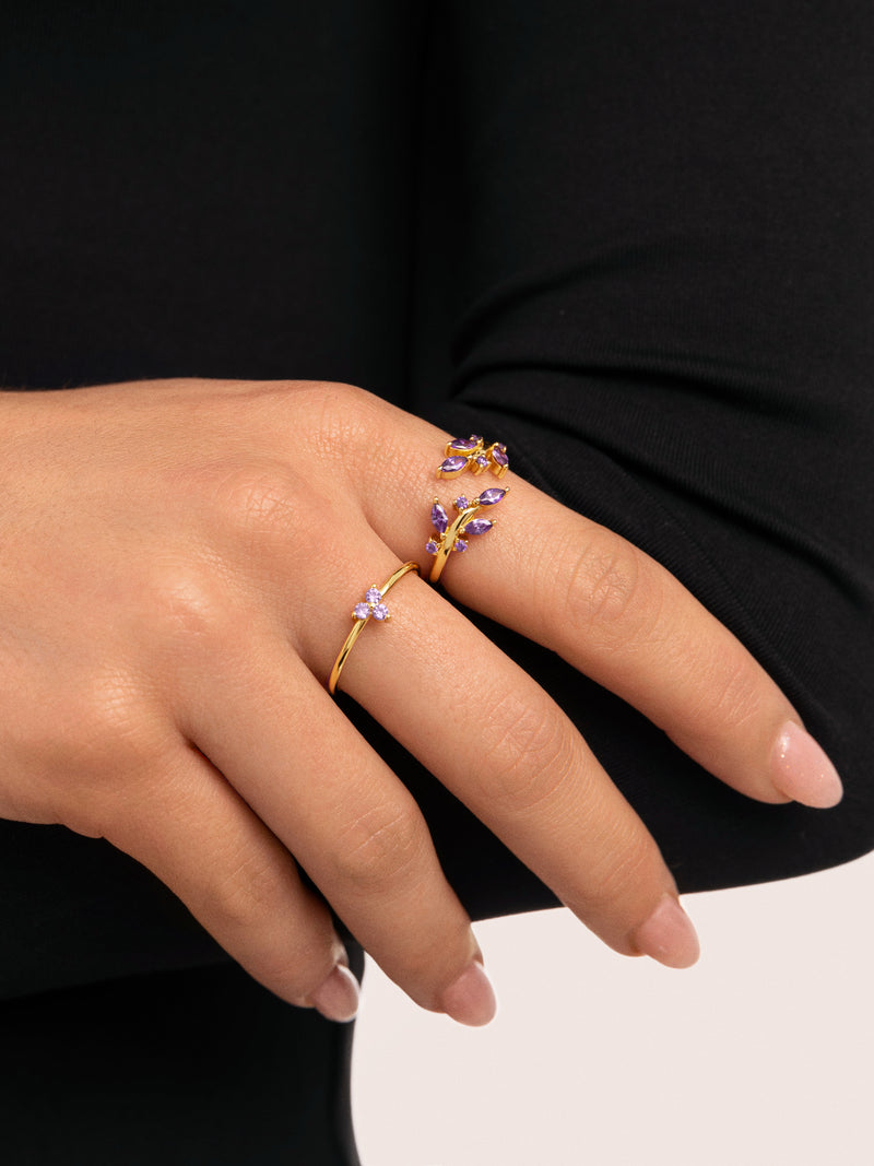 Kleeblatt Lavendel Ring Silber, vergoldet