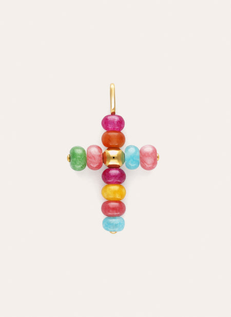 Charm Cruz Color Stones Acero Baño Oro