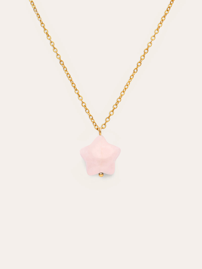 Collier Étoile Quartz Rose Acier Plaqué Or