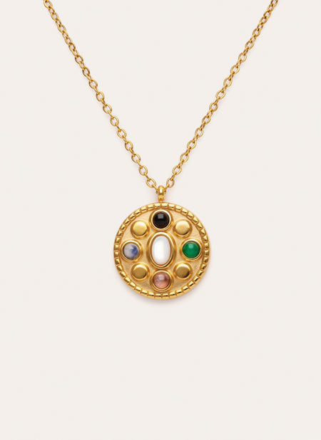 Colar Medallion Five Stones Mística Aço Banho a Ouro