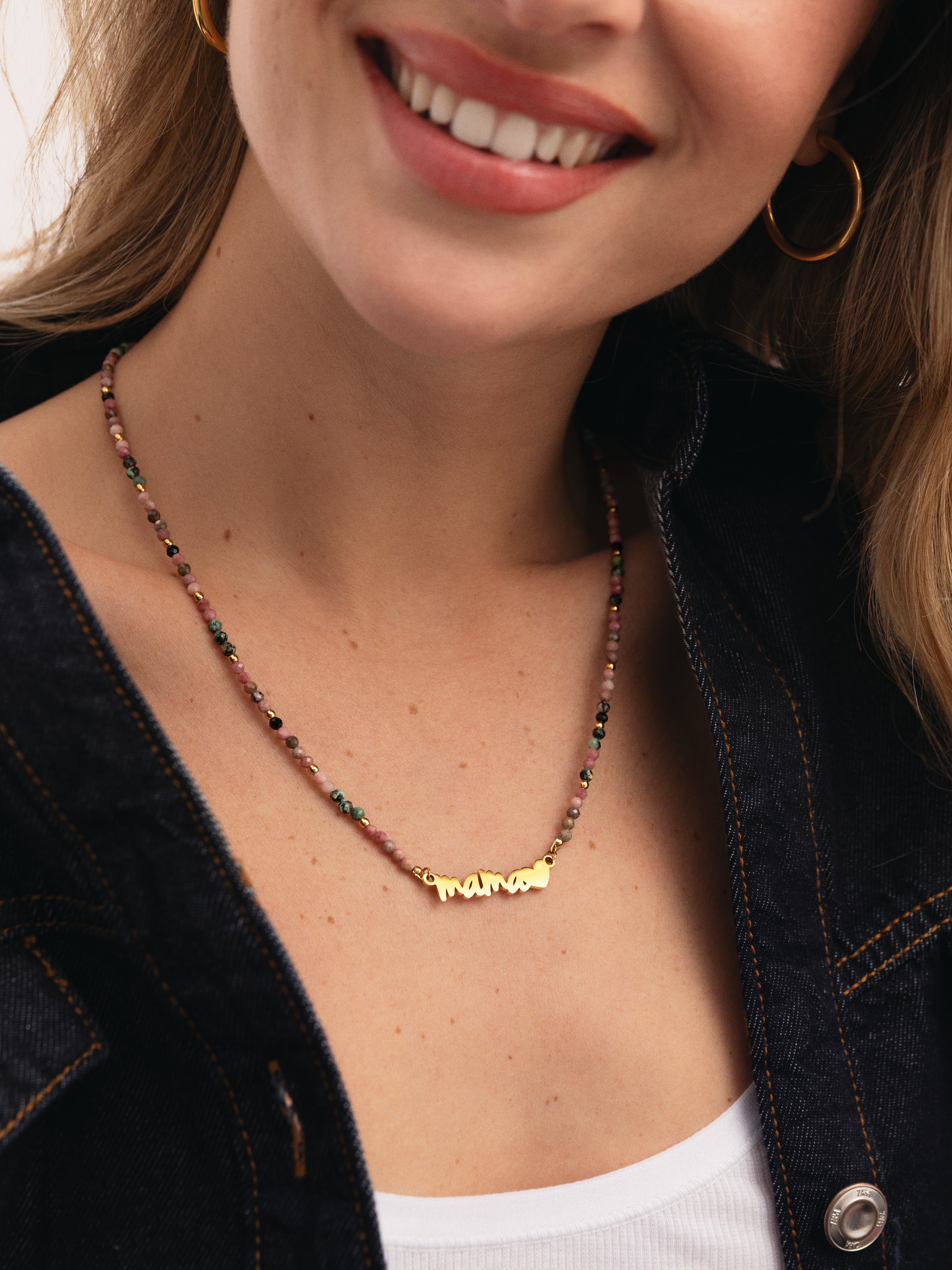 Collar Mamá Heart Tourmaline Acero Baño Oro