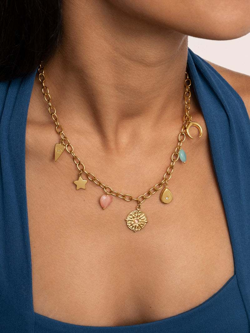 Collier Multicharms Soleil Acier Plaqué Or
