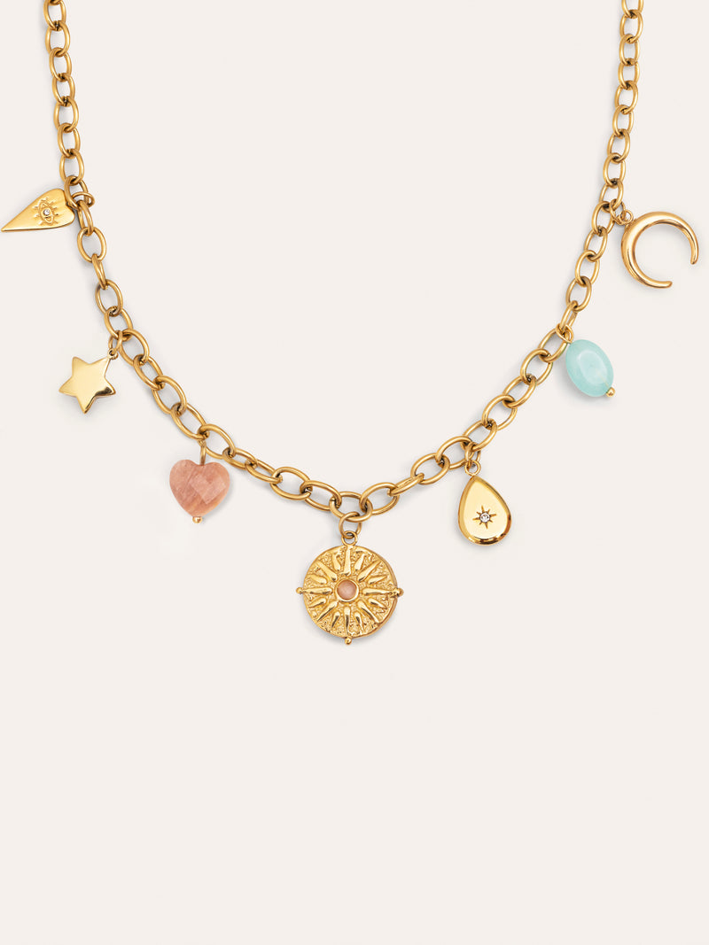 Collier Multicharms Soleil Acier Plaqué Or