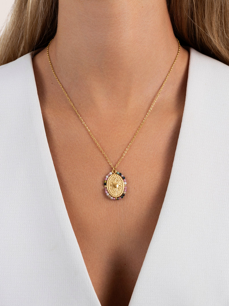 Collana Medallion Stones Sun Acciaio Placcato Oro