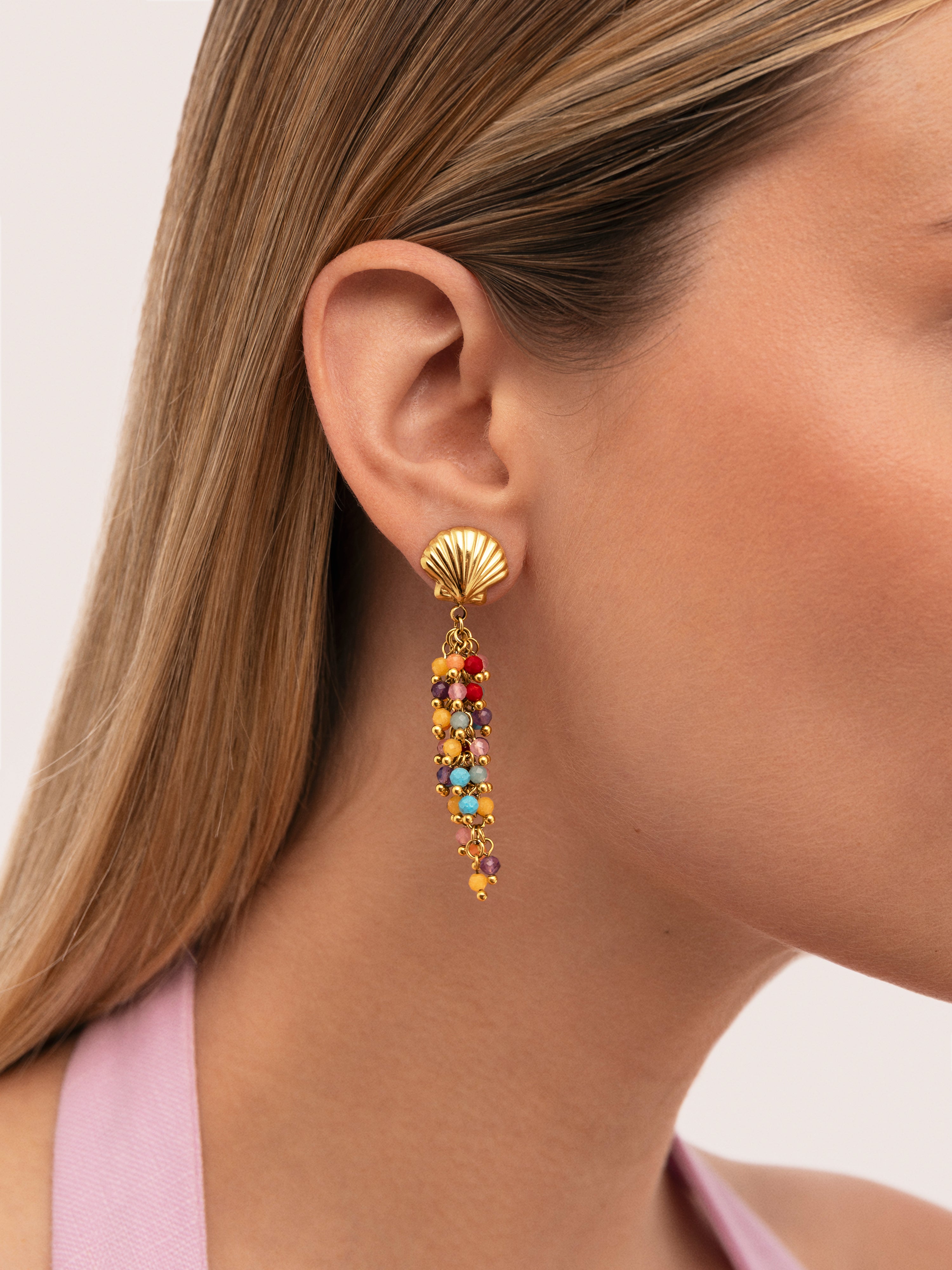 Pendientes Long Coral Acero Baño Oro