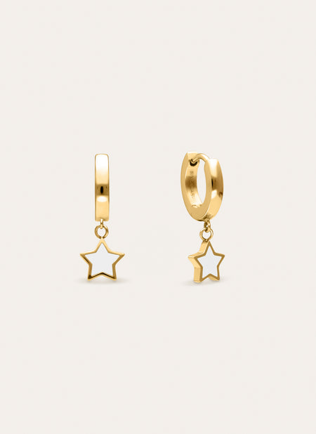 Brincos de Argola Star White Enamel Aço Banhado a Ouro