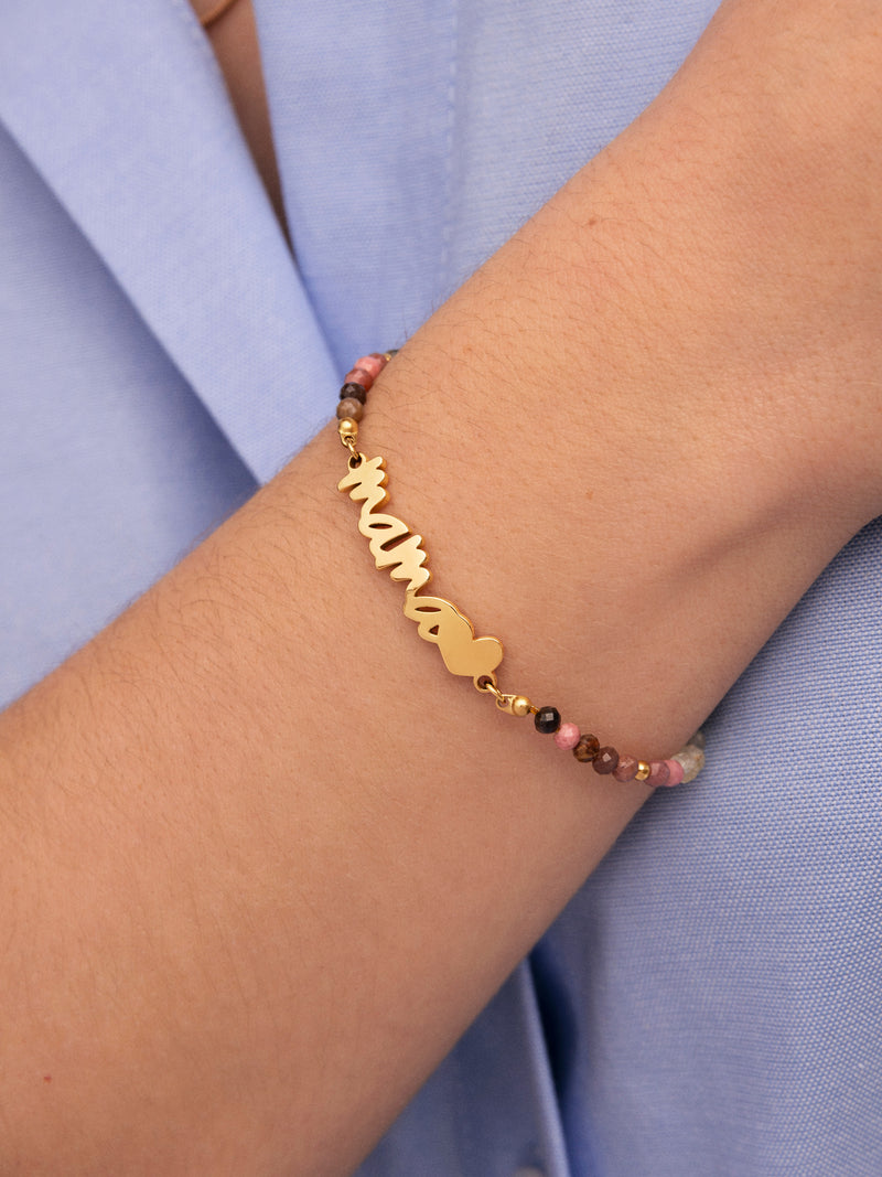 Mama Heart Tourmaline Edelstahl Armband, vergoldet