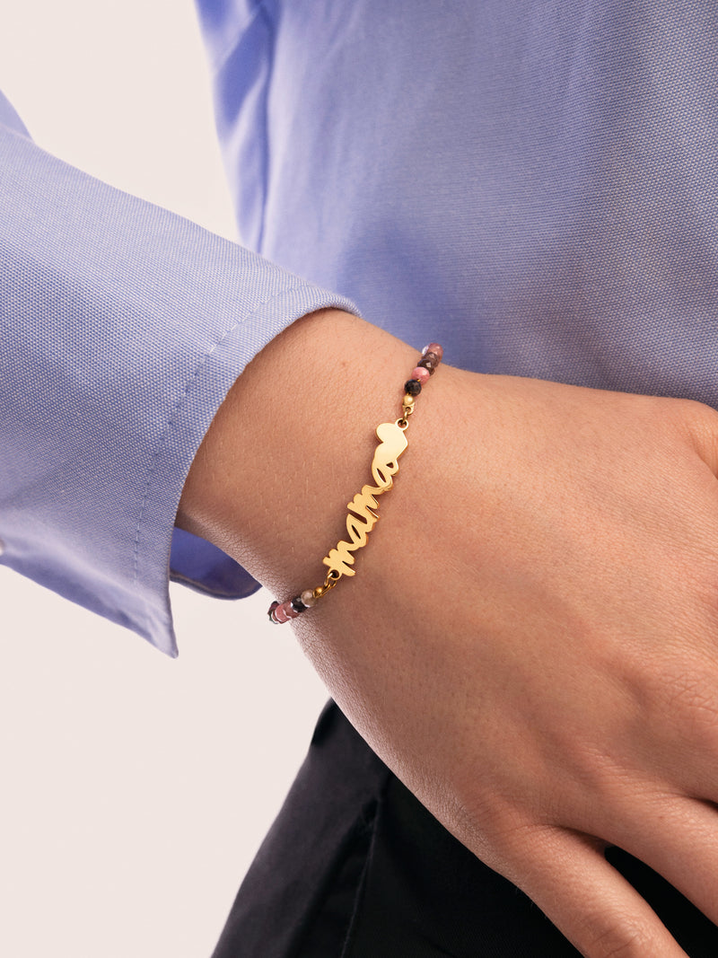 Mama Heart Tourmaline Edelstahl Armband, vergoldet