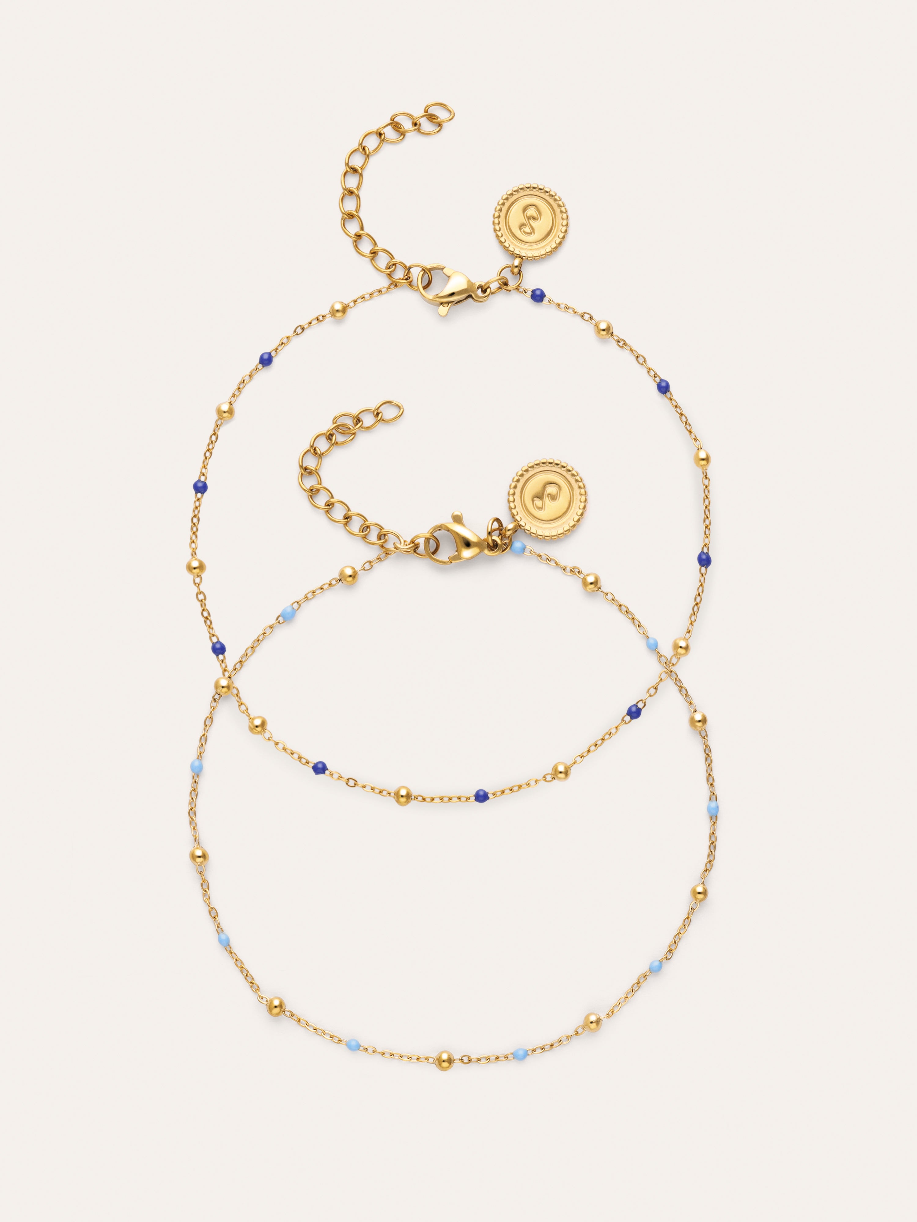 Set of 2 Friendship Blue Gold-Plated Steel Anklets