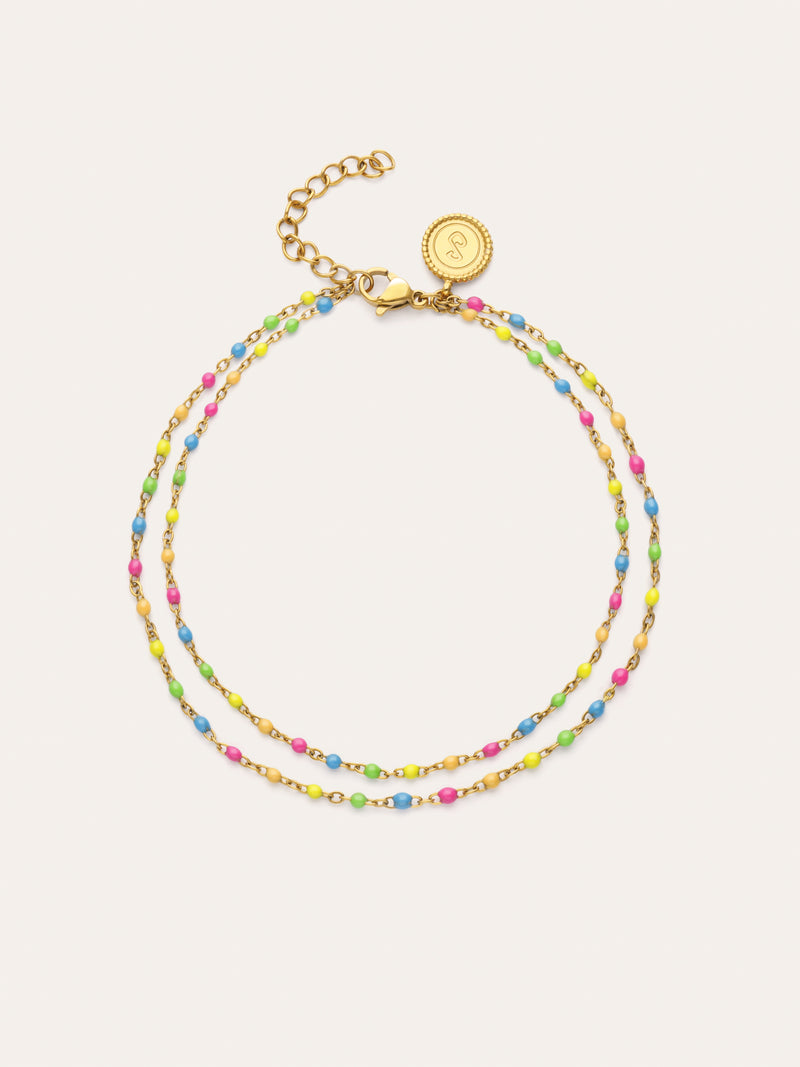 Doppel-Fußkettchen Dots Neon Emaille Edelstahl vergoldet