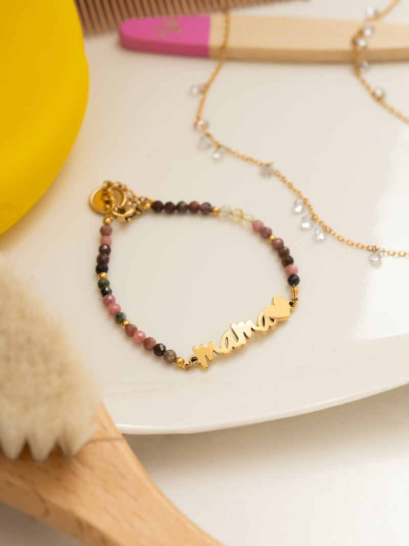 Mama Heart Tourmaline Edelstahl Armband, vergoldet