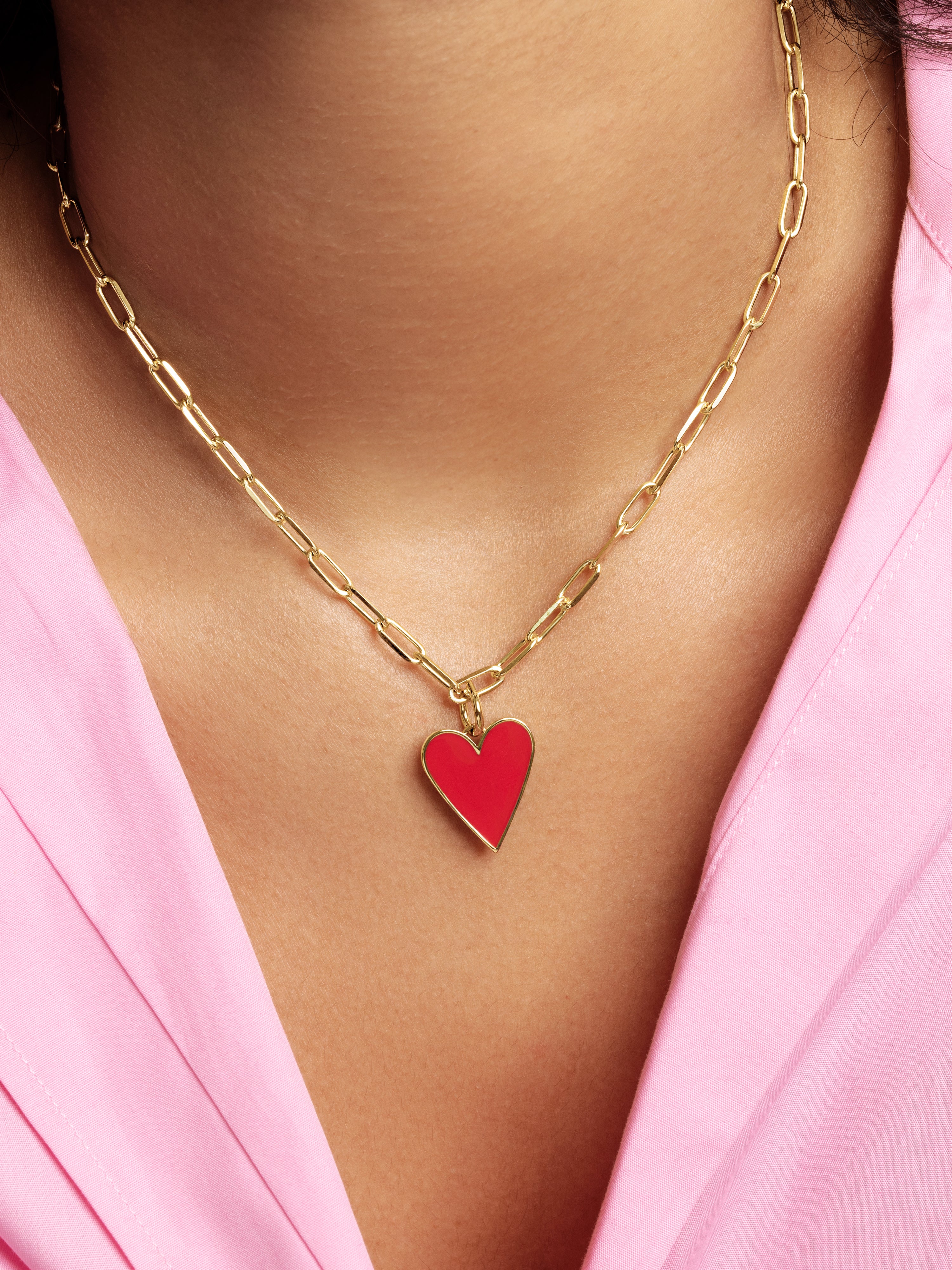  Lovely Heart Red Enamel Gold Necklace