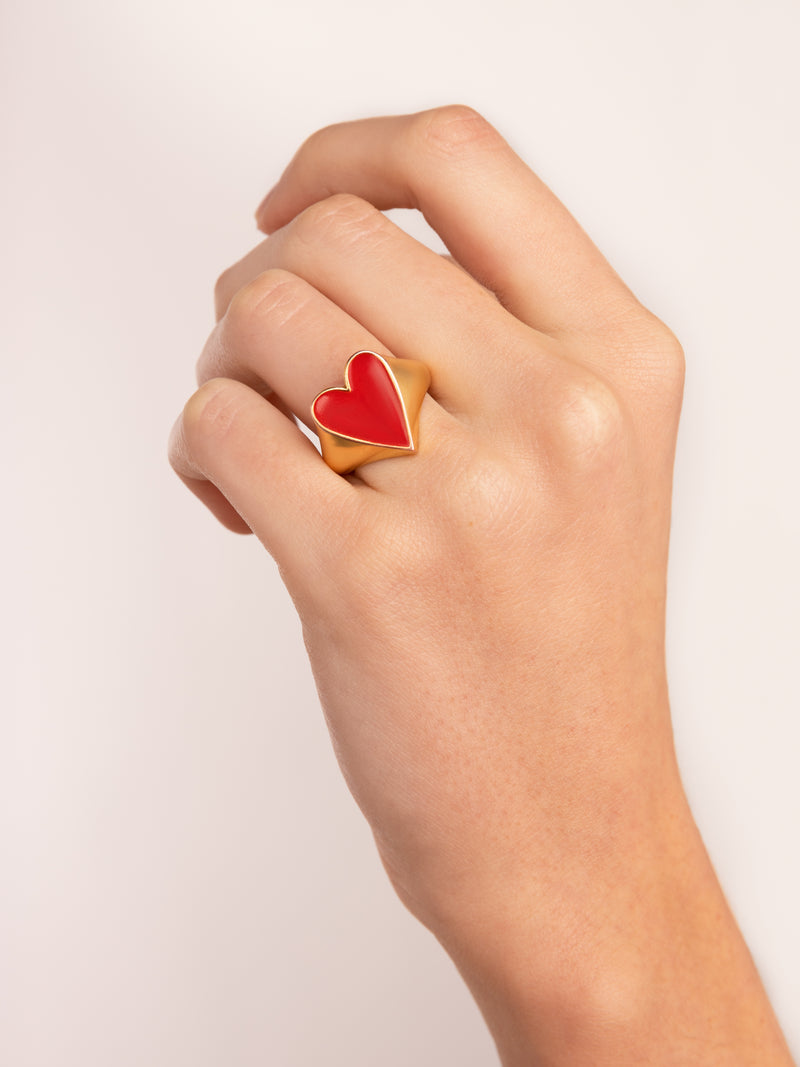 Lovely Heart Red Enamel Ring, vergoldet
